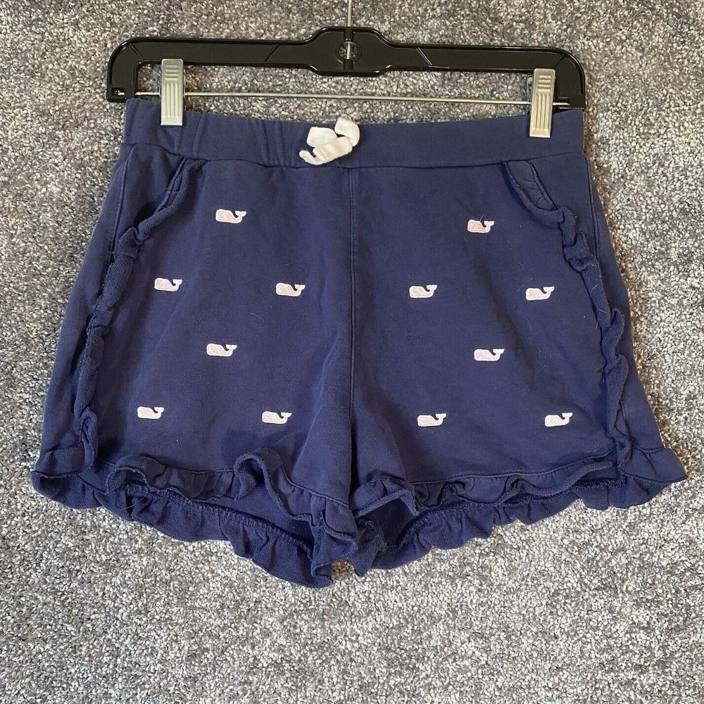 Vineyard Vines Girls Shorts LARGE 10/12 Navy Blue Knit‎ Whales Ruffle Preppy